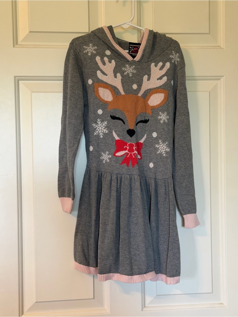 Well Worn Girls' Gray Knit Hooded Reindeer Dress with Pink Accents